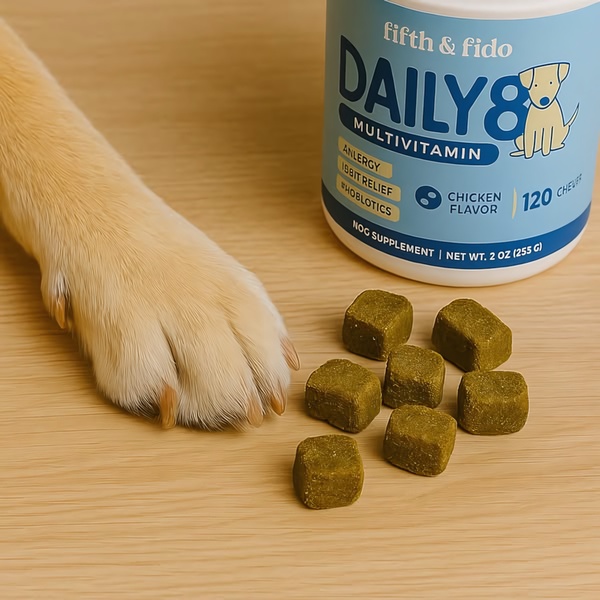 A close-up, high-contrast shot of a dog paw next to the product bottle and supplement chews, emphasizing natural ingredients and brand trust.